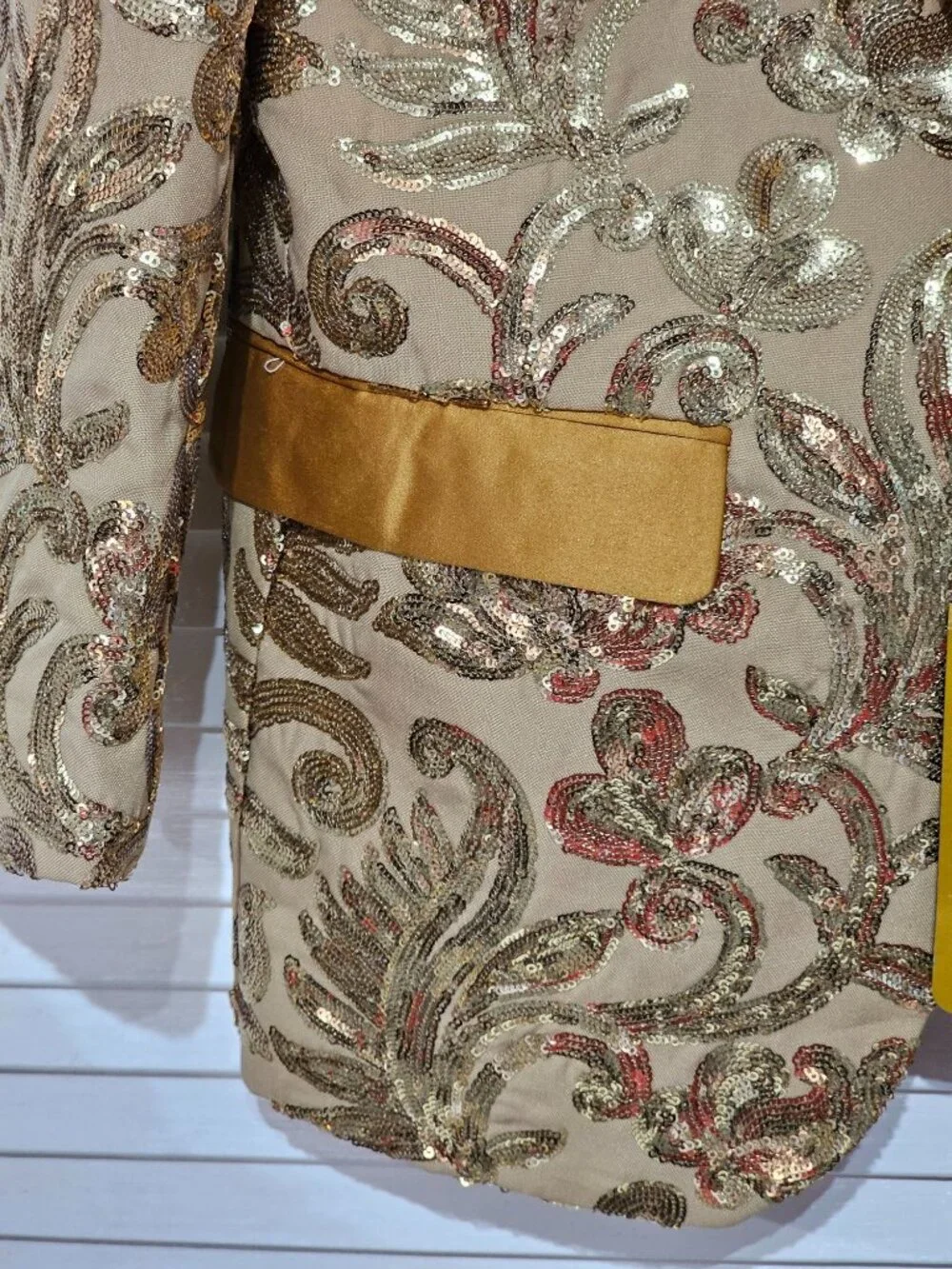 NWT Alberto Nardoni Men's Gold Sequin Blazer Shawl Collar Satin Trim Sz S 232